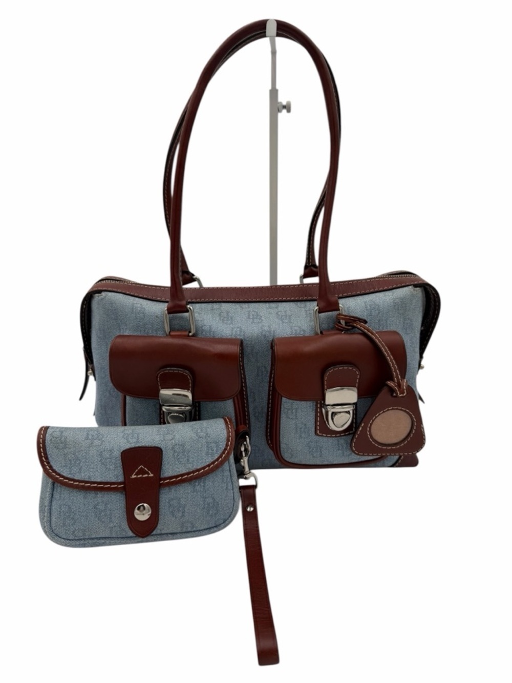 Dooney & Bourke Denim Monogram Cargo Satchel Set Brown Leather DB Logo Y2K